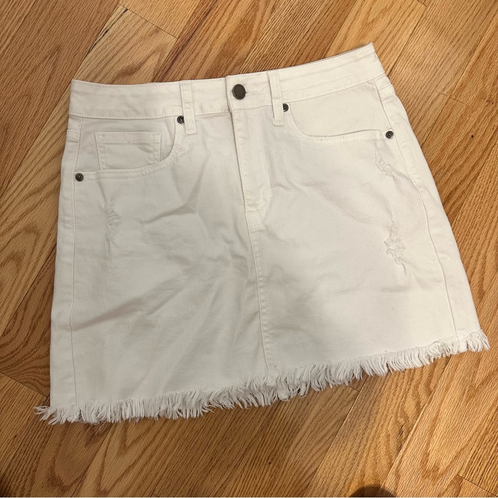 JBD White Denim Frayed Hem Mini Skirt